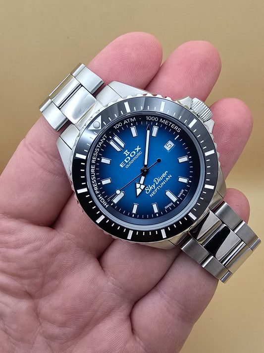 Edox Blue Neptunian Sky Diver 44mm + curea rubber originală full set